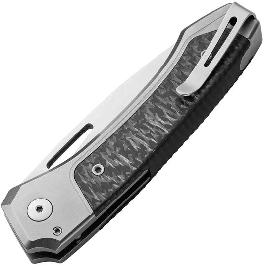 LionSTEEL Twain Button Lock Knife Gray Titanium And Carbon Fiber Handles MagnaCut Blade EDC by LionSTEEL