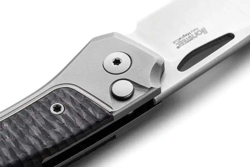 LionSTEEL Twain Button Lock Knife Gray Titanium And Carbon Fiber Handles MagnaCut Blade EDC by LionSTEEL