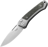LionSteel Twain Button Lock Knife MagnaCut Satin Blade 3.13in Gray Titanium And Green Canvas Micarta Handles For EDC by LionSTEEL