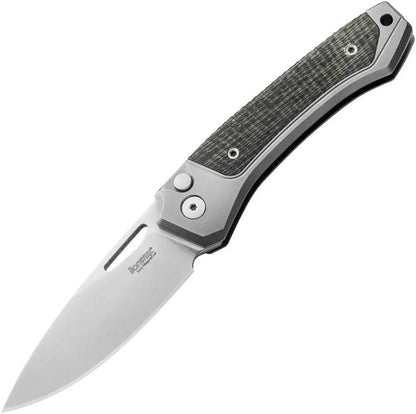LionSteel Twain Button Lock Knife MagnaCut Satin Blade 3.13in Gray Titanium And Green Canvas Micarta Handles For EDC by LionSTEEL