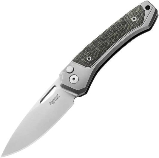 LionSteel Twain Button Lock Knife MagnaCut Satin Blade 3.13in Gray Titanium And Green Canvas Micarta Handles For EDC by LionSTEEL