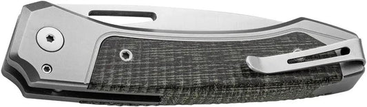 LionSteel Twain Button Lock Knife MagnaCut Satin Blade 3.13in Gray Titanium And Green Canvas Micarta Handles For EDC by LionSTEEL