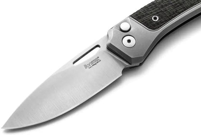LionSteel Twain Button Lock Knife MagnaCut Satin Blade 3.13in Gray Titanium And Green Canvas Micarta Handles For EDC by LionSTEEL