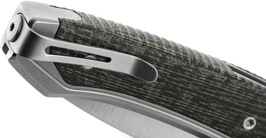 LionSteel Twain Button Lock Knife MagnaCut Satin Blade 3.13in Gray Titanium And Green Canvas Micarta Handles For EDC by LionSTEEL