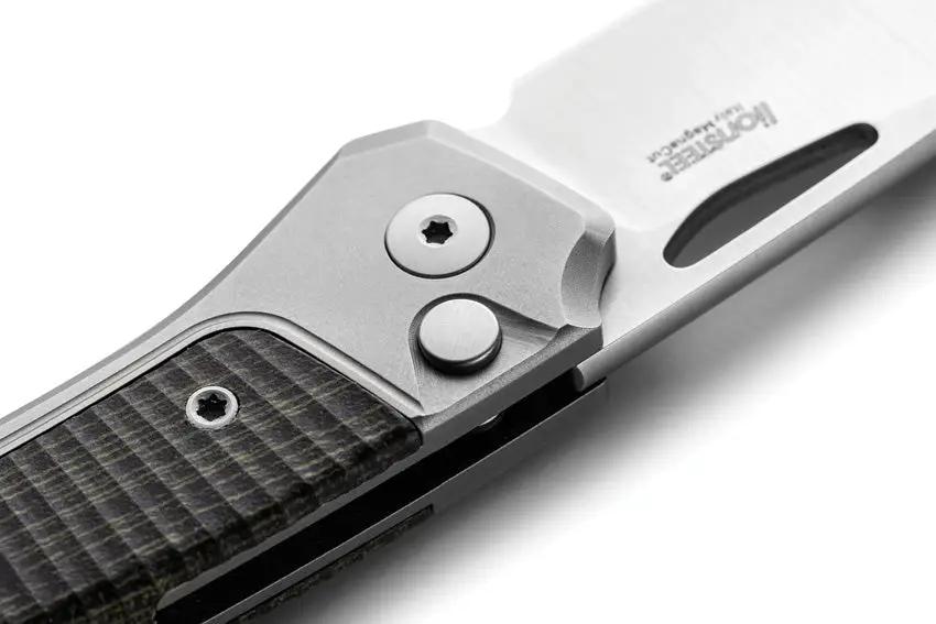 LionSteel Twain Button Lock Knife MagnaCut Satin Blade 3.13in Gray Titanium And Green Canvas Micarta Handles For EDC by LionSTEEL