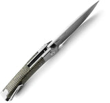 LionSteel Twain Button Lock Knife MagnaCut Satin Blade 3.13in Gray Titanium And Green Canvas Micarta Handles For EDC by LionSTEEL