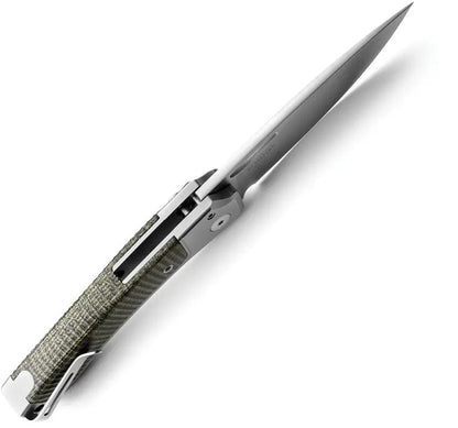 LionSteel Twain Button Lock Knife MagnaCut Satin Blade 3.13in Gray Titanium And Green Canvas Micarta Handles For EDC by LionSTEEL