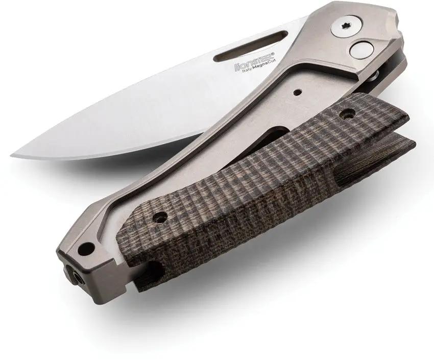 LionSTEEL Twain Button Lock Knife CPM MagnaCut Satin Blade 3.13in EDC Premium Titanium Or Natural Canvas Micarta Handle by LionSTEEL