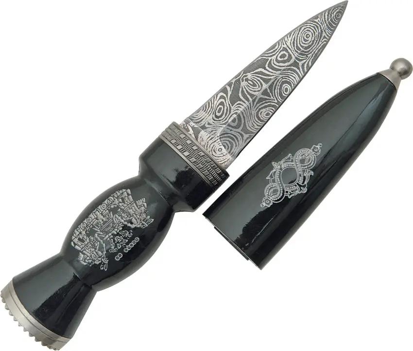 HK Scottish Dirk - 7 1/2 Inch Overall, Damascus Style Double Edge Blade, Black Composite Handle with Matching Sheath by Miscellaneous