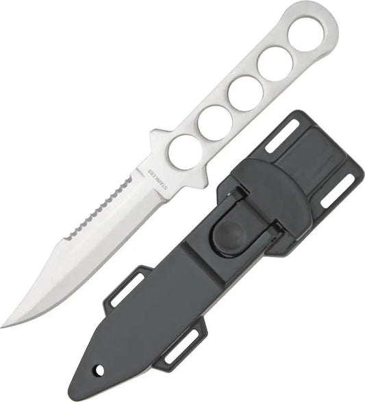MD Diving Knife - Single Edge 8.5 Inch Overall With 4.125 Inch Blade With Partial Serration One Piece Stainless With Black Sheath by Miscellaneous