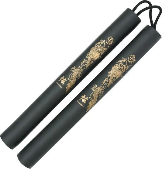 Generic Practice Nunchucks - 12 1/4 Inch Black Rubberized Nunchucks with Gold Artwork and Nylon Cord by Miscellaneous