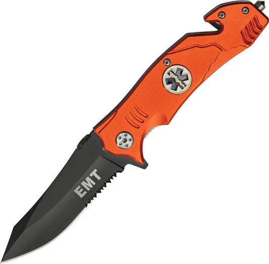 TF Rescue Linerlock EMT Knife - Assisted Opening, Partially Serrated Blade, Orange EMT Shield Handles by Miscellaneous