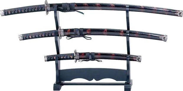 YK Three Piece Sword Set - Stainless Katana Wakizashi Tanto With Dragon Tsuba And Red Lacquer Finish by Miscellaneous