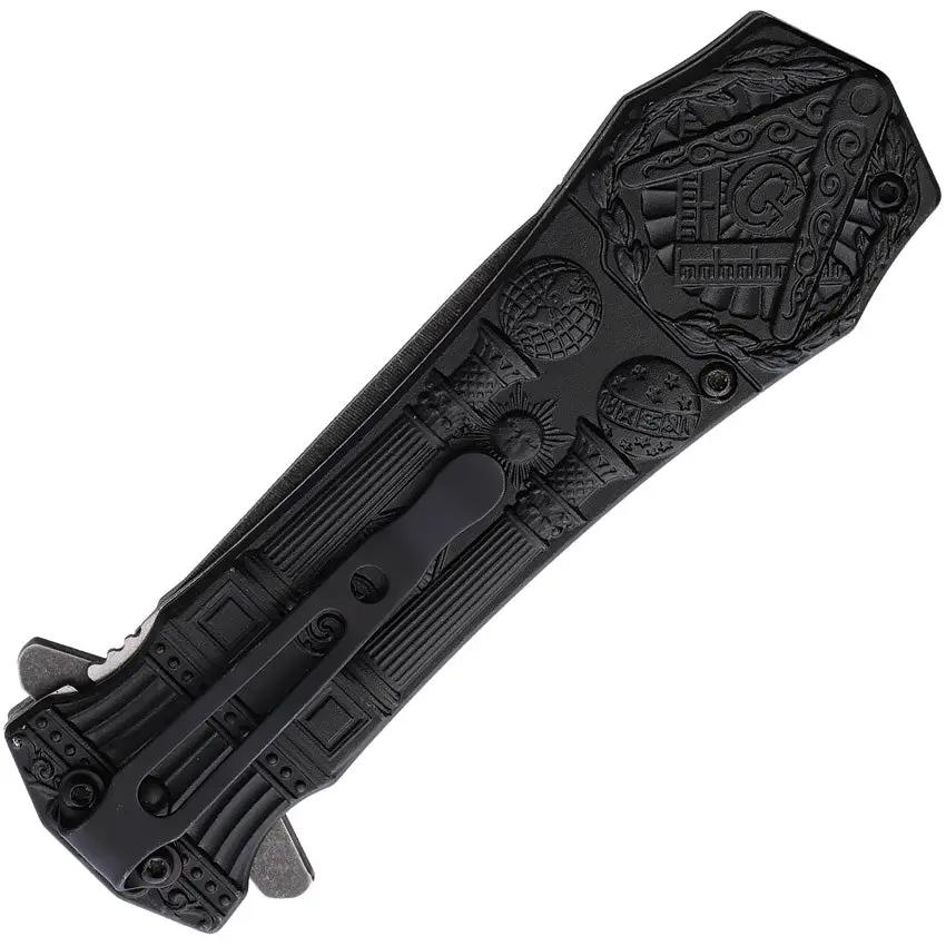 Miscellaneous Masonic Linerlock Moving Logo KN-1976 - Moving Symbol On Black Stonewash Stainless Blade by Miscellaneous