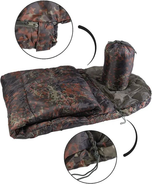 Mil-Tec Sleeping Bag Flecktarn Com 14102021 - Waterproof Shell With Integral Hood And 15 Degree Comfort by Mil-Tec