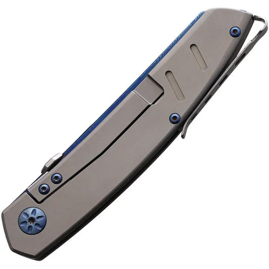 Maserin AM6 Framelock Damascus Folding Knife For EDC With Blue Atti Coated Damascus Blade And Titanium Handle by Maserin