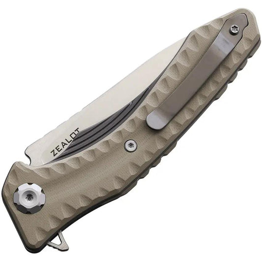 Maxace Zealot Linerlock Tan Knife - Satin K110 Blade Tan G10 Handle Extended Tang Pocket Clip by Maxace