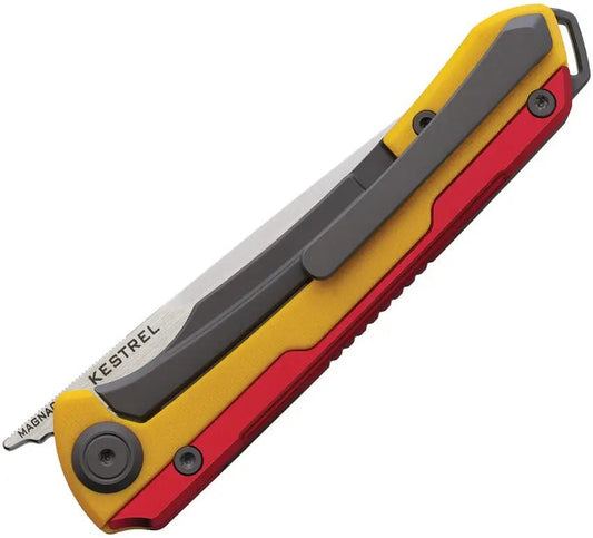 Maxace Kestrel Framelock - MagnaCut Blade With Two Tone Bead Blast Finish Yellow G10 And Red Aluminum Handle by Maxace