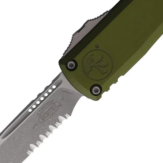 Microtech Ultratech Auto OTF Gen IV Knife With M390 Blade Partially Serrated Apocalyptic Finish OD Green Handle EDC by Microtech