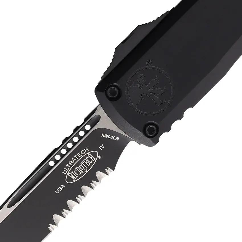 Microtech Premium Auto Ultratech OTF Knife With Bohler M390MK Blade Two Tone Black Aluminum Handle Glass Breaker EDC by Microtech