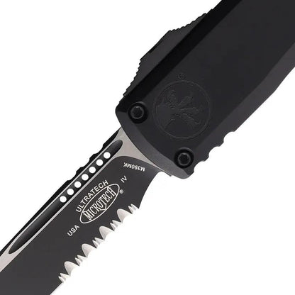 Microtech Premium Auto Ultratech OTF Knife With Bohler M390MK Blade Two Tone Black Aluminum Handle Glass Breaker EDC by Microtech