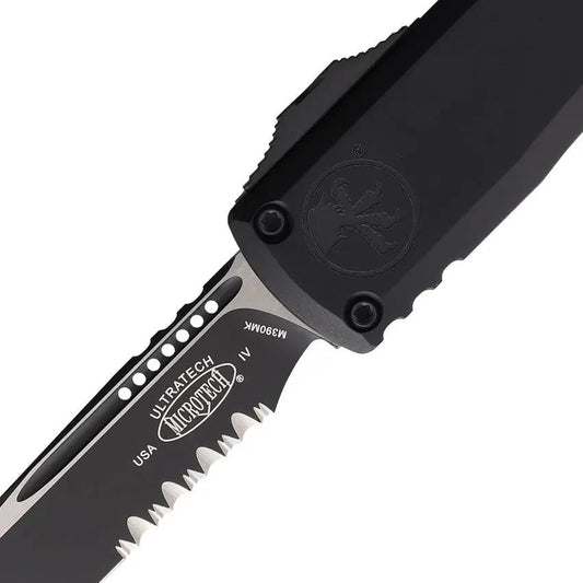 Microtech Premium Auto Ultratech OTF Knife With Bohler M390MK Blade Two Tone Black Aluminum Handle Glass Breaker EDC by Microtech