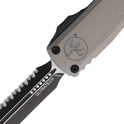 Microtech Ultratech Auto Knife Gen III ZBP OTF With 3.5in Serrated Dagger Blade Glass Breaker Gray Aluminum For Pros by Microtech