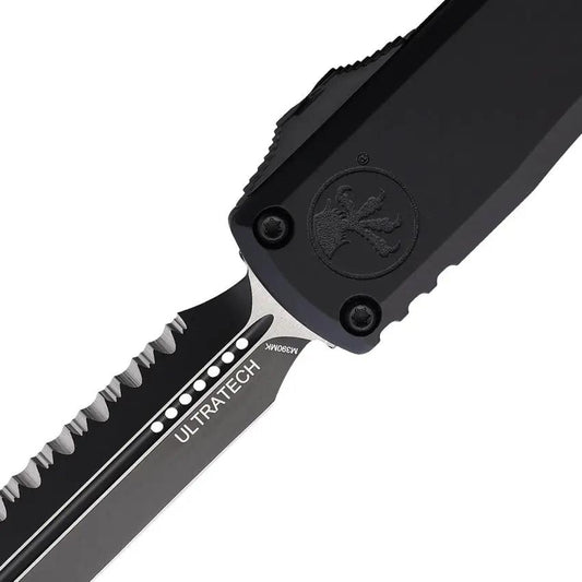 Microtech Ultratech Gen III ZBP OTF Knife Auto 2-Tone M390MK Serrated Dagger Blade With Glass Breaker Black Aluminum EDC by Microtech