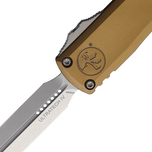 Microtech Ultratech Gen IV OTF Knife Automatic Opening 3 Point 5 Inch Dagger Blade M390 Tan Aluminum Handle For EDC by Microtech