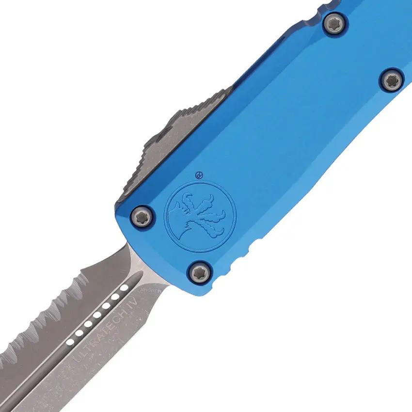 Microtech Ultratech Auto OTF Knife Gen IV 3.5in Serrated M390MK Dagger Blade Blue Aluminum For EDC Enthusiasts by Microtech