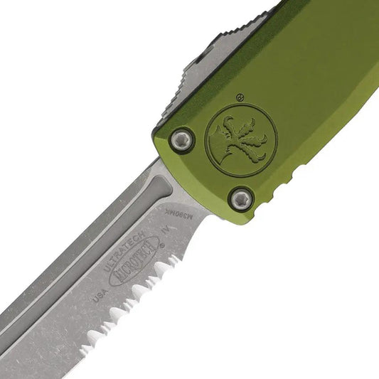 Microtech Auto Ultratech Gen IV OTF Knife With M390 Blade, Apocalyptic Finish, OD Green Handle, Glass Breaker For EDC by Microtech