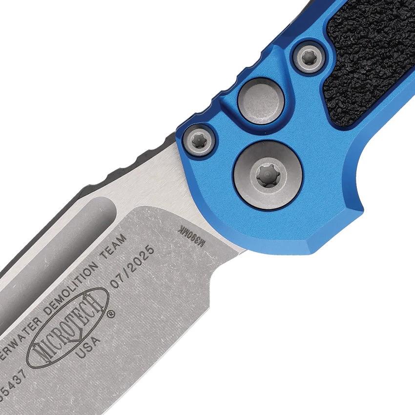Microtech Auto LUDT Gen III Button Lock Knife With 3.5In M390 Blade Apocalyptic Finish Blue Aluminum Handle For EDC by Microtech