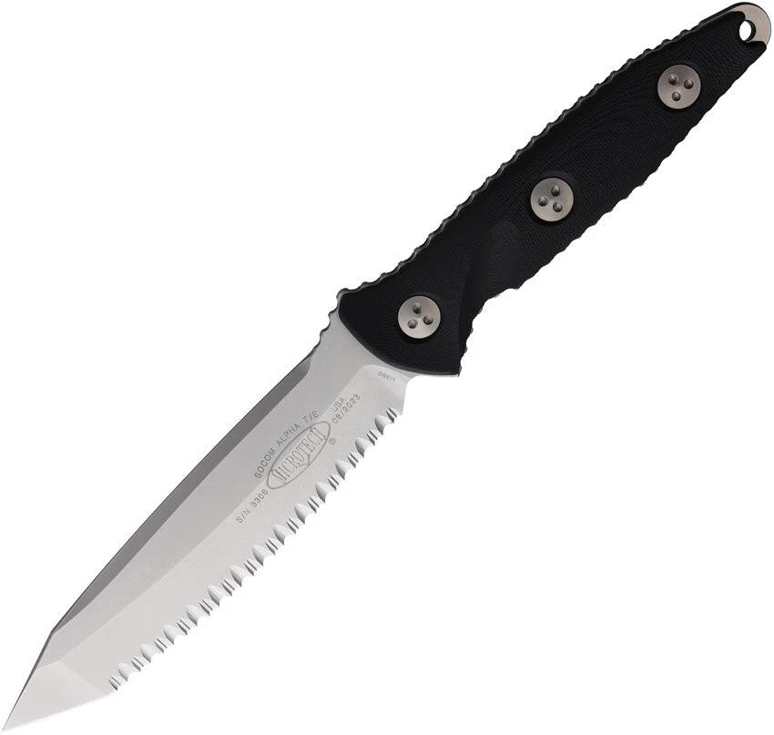 Microtech Socom Alpha Tactical Knife Stonewash Tanto Blade 10.5in Black G10 Handle With Extended Tang And Kydex Sheath by Microtech