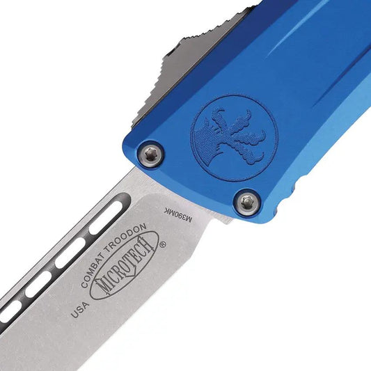 Microtech Troodon SE Gen III Automatic EDC Knife With 4 Inch Stonewashed Blade Blue Aluminum Handle by Microtech