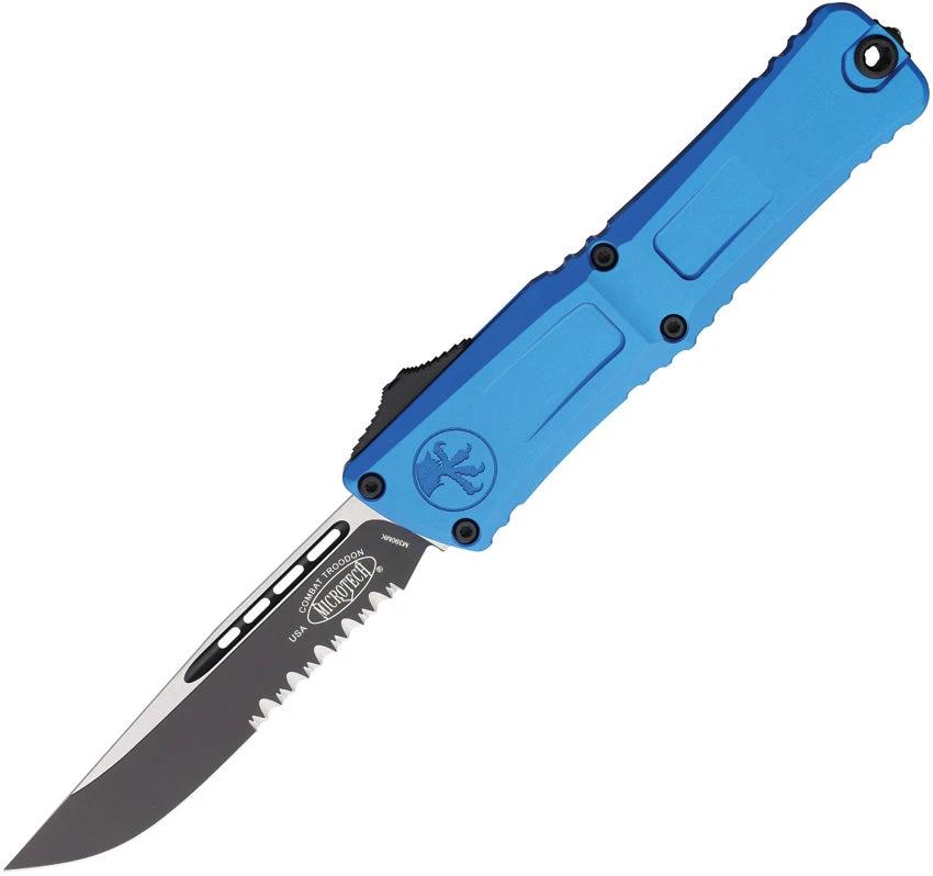 Microtech Auto Combat Troodon SE Gen III Knife Blue Aluminum Handle 4 Inch Serrated M390 Blade For EDC Enthusiasts by Microtech
