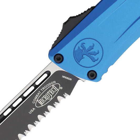 Microtech Auto Combat Troodon SE Gen III Knife Blue Aluminum Handle 4 Inch Serrated M390 Blade For EDC Enthusiasts by Microtech