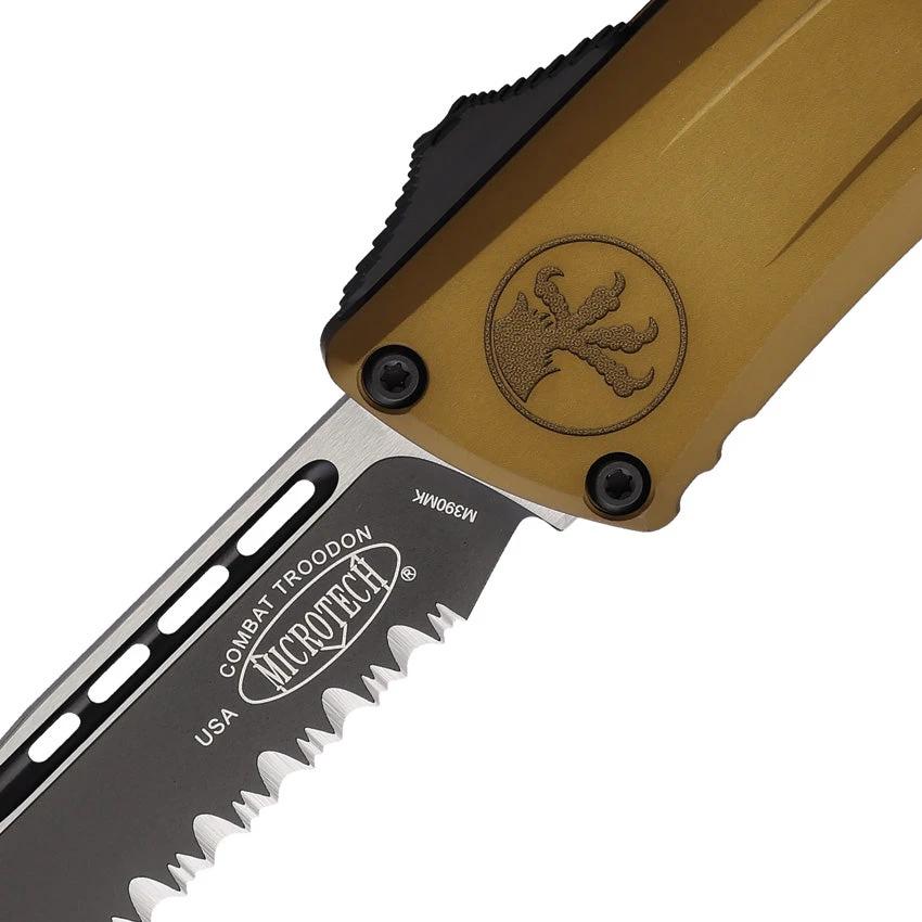 Microtech Auto Troodon SE Gen III Knife Automatic Opening For Tactical Pros Partially Serrated Two Tone Blade Tan Handle by Microtech