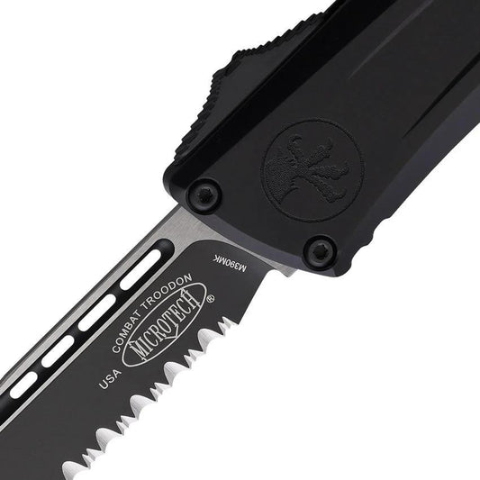 Microtech Auto Combat Troodon SE Gen III 4 Inch Serrated Blade Tactical Knife Auto Opening Black Aluminum For Pros by Microtech