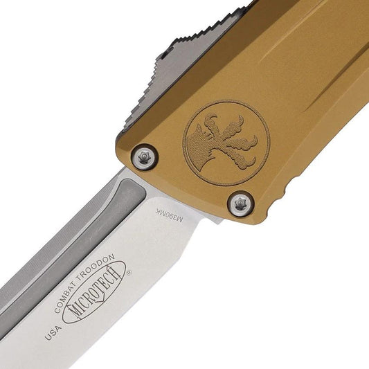 Microtech Auto Troodon Combat Knife with 4 Inch M390MK Tanto Blade Tan Aluminum Handle for Elite Tactical Enthusiasts by Microtech