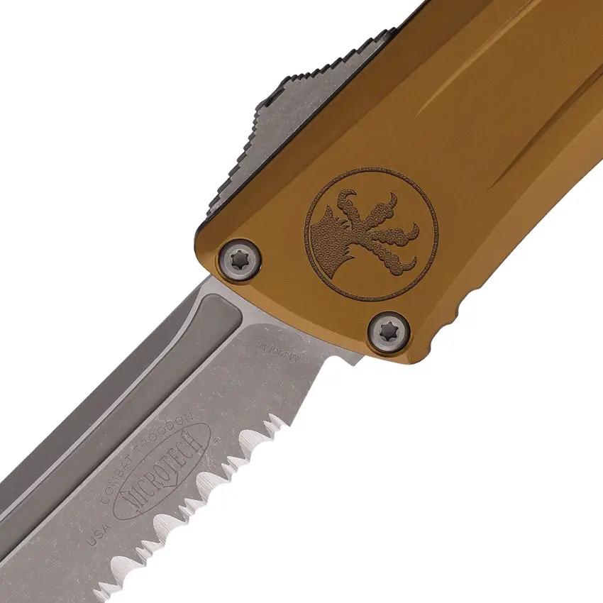 Microtech Auto Troodon Gen III EDC Knife M390 Tanto Glass Breaker Tan Aluminum Handle Auto Opening by Microtech