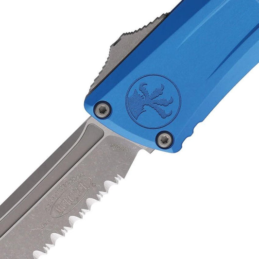 Microtech Auto Combat Troodon Gen III Tactical Knife With 4in Bohler M390 Blade Apocalyptic Finish Blue Aluminum Handle by Microtech