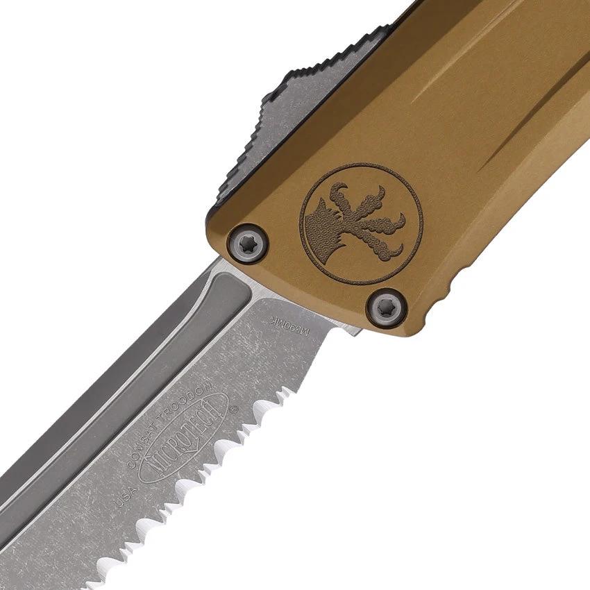 Microtech Auto Combat Troodon Gen III Knife For Tactical EDC Enthusiasts, 4in Serrated M390MK Tanto, Tan Aluminum by Microtech