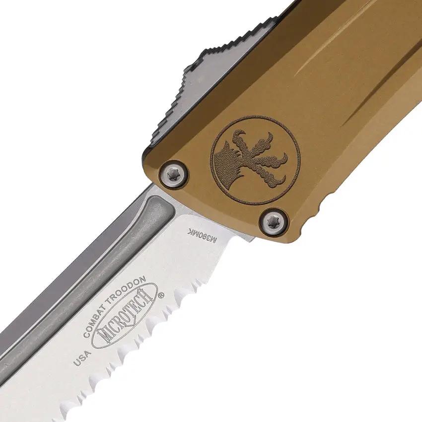Microtech Auto Combat Troodon Gen III Automatic Knife With Four Inch Tanto Blade Tan Aluminum Handle EDC Ready by Microtech