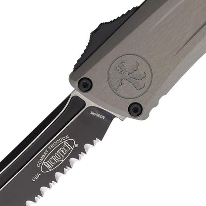 Microtech Auto Troodon Knife Gen III Tactical EDC Glass Breaker M390 5.5 Inch Closed 4 Inch Serrated Blade Gray Aluminum by Microtech