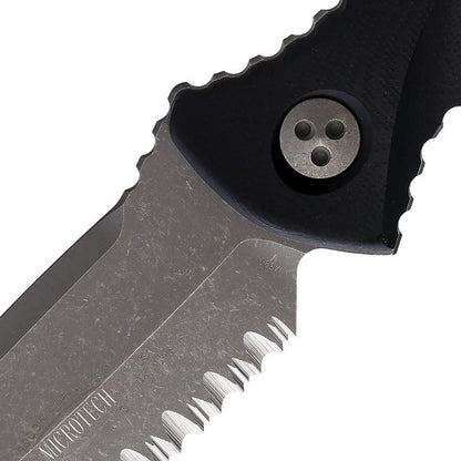 Microtech Socom Alpha Mini Knife Tactical Pro Partially Serrated Apocalyptic Finish M390 Tanto Blade Black G10 Handle by Microtech