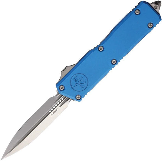 Microtech Auto Scarab II OTF Knife With M390 Dagger Blade Blue Aluminum Handle For Collectors And Tactical Pros by Microtech