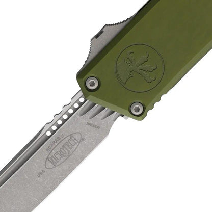 Microtech Auto Scarab II OTF Knife Auto Opening For EDC Enthusiasts M390 Tanto Glass Breaker OD Green Aluminum by Microtech