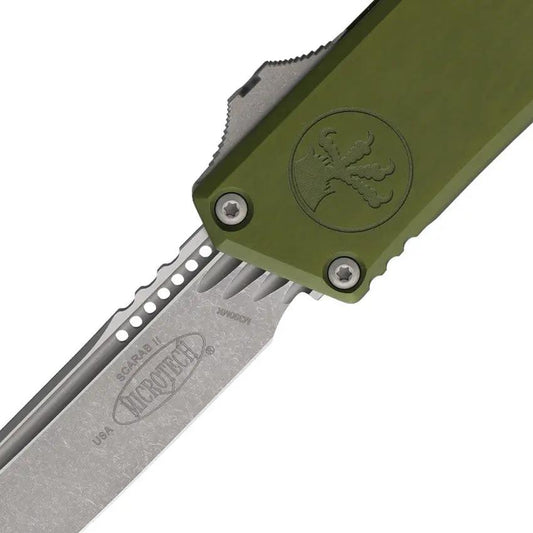 Microtech Auto Scarab II OTF Knife Auto Opening For EDC Enthusiasts M390 Tanto Glass Breaker OD Green Aluminum by Microtech