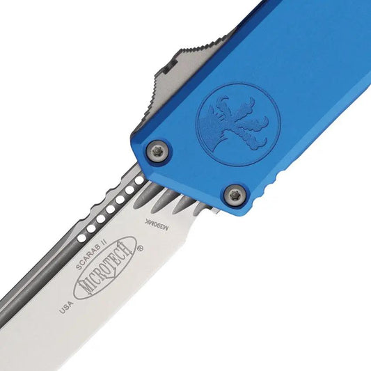 Microtech Scarab II Auto OTF Knife 3.9in M390MK Tanto Blue Aluminum Handle Glass Breaker EDC by Microtech