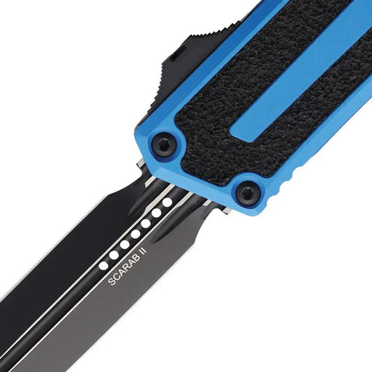 Microtech Auto Scarab II Gen III OTF Knife For Tactical EDC Enthusiasts With M390 Dual Edge Blade Blue Aluminum by Microtech